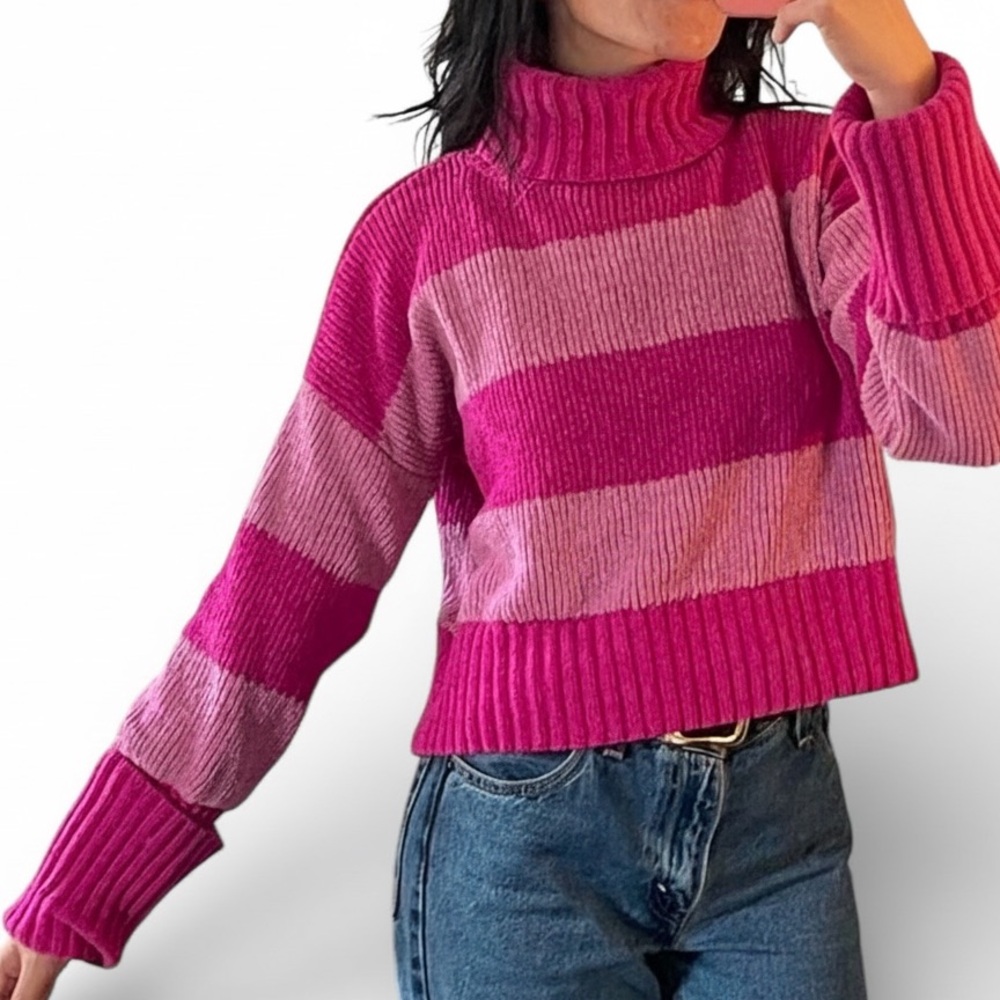 NWT Pink Rose Bold Pink Striped Turtleneck Crop Boxy Sweater Size L